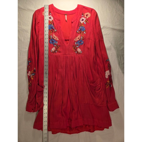 Free People Mia Embroidered Gauze Mini Dress Long Sleeve Boho, Size S, Red - Picture 9 of 10